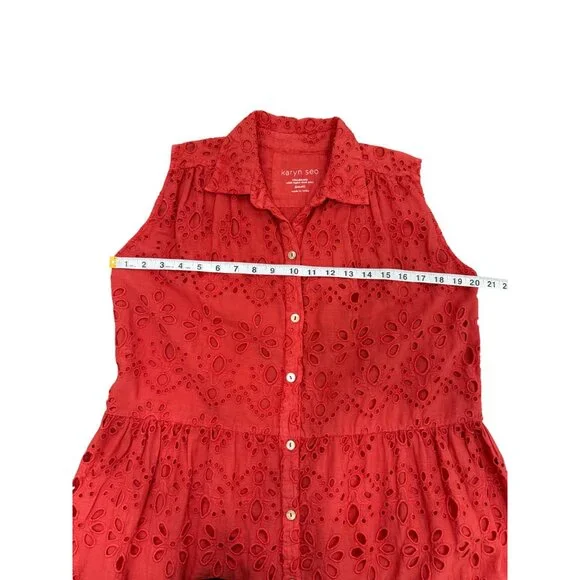 Karyn Seo Womens Sleeveless Dress Red Eyelet Button-Up Cotton Size S - Picture 5 of 8